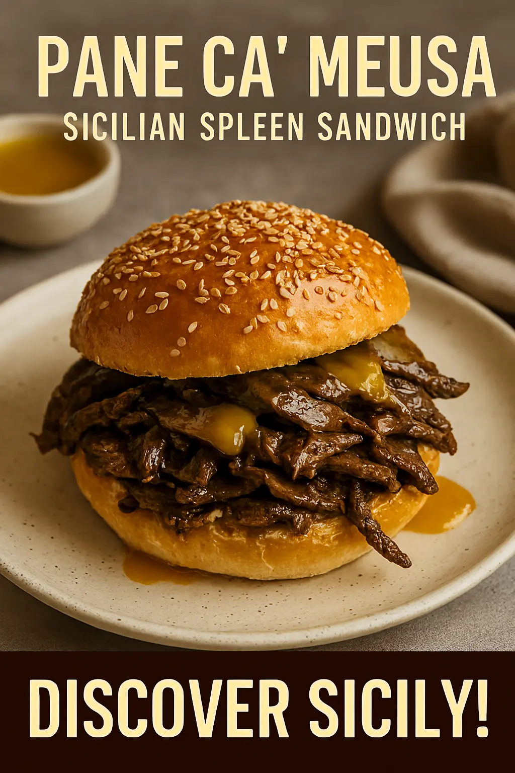 A rustic Sicilian Pane Ca' Meusa sandwich on a wooden board.